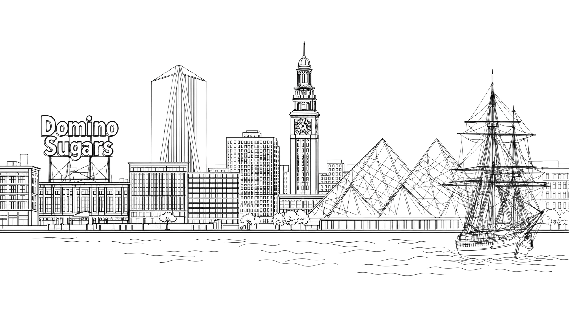 Line drawing of the Baltimore skyline from the Inner Harbor